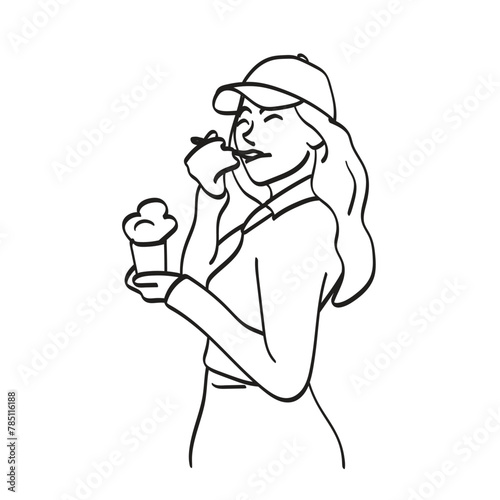 Young woman eating ice cream illustration vector hand drawn isolated on white background