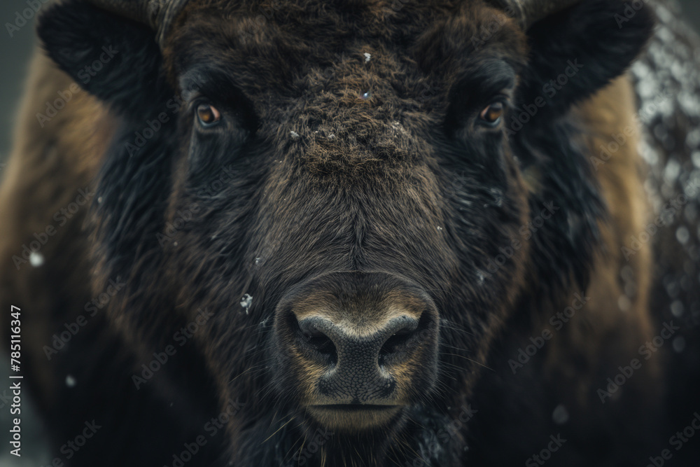Close-up portrait of a musk ox with a lush coat under the snow and cold of the polar circle Alaska