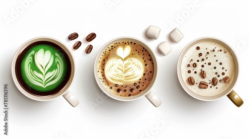 Top view of white mugs filled with coffee, matcha tea, and cocoa, with marshmallows. Modern realistic set featuring hot drinks such as coffee, japanese green matcha, and milk chocolate.