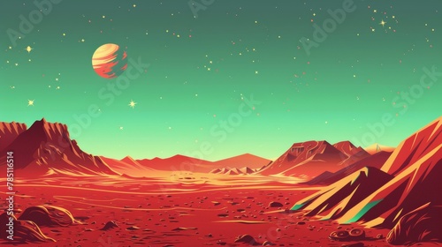 Red desert surface with mountains, craters, stars and Saturn shine on a green sky in this Martian outer space computer game backdrop. photo