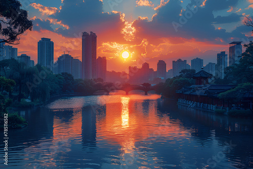 sunset over the river  Chengdu Taiguli Sunset