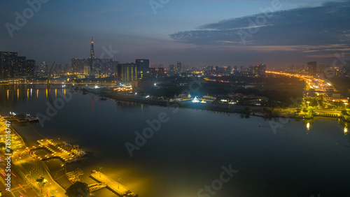 August 23, 2023: Panorama of District 1, Ho Chi Minh City in the early morning