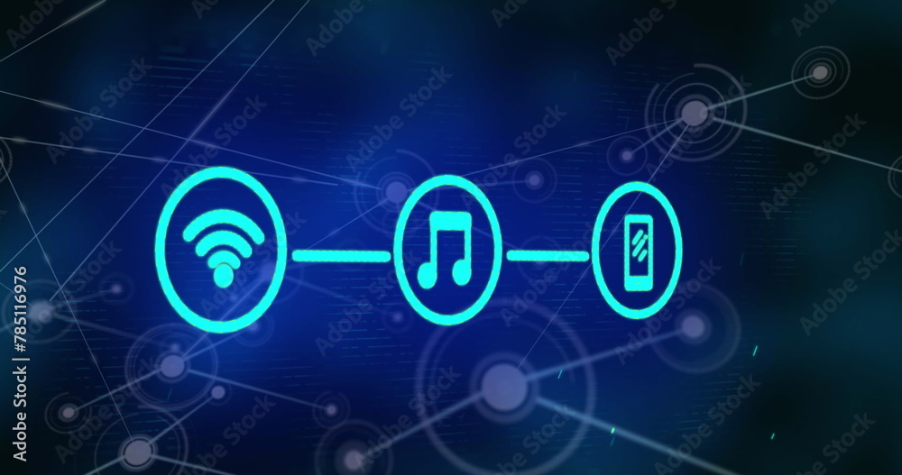 Image of wifi, music and phone icons forming flow chart over connected dots