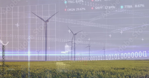 Image of statistical, stock market data processing over spinning windmills on grassland