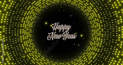 Image of happy new year text over glowing yellow circles on black background