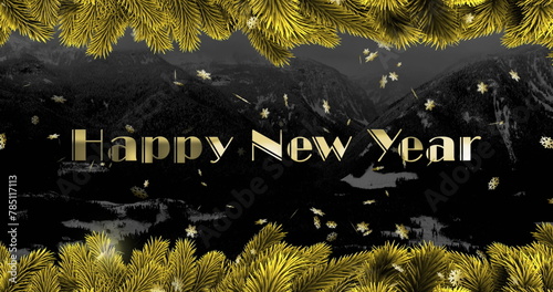 Image of happy new year text over stars and fir tree branches on black background