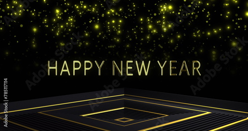 Image of happy new year text over glowing spots on black background
