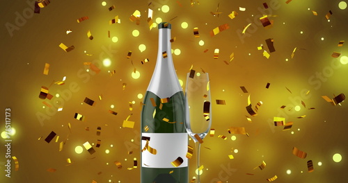Image of confetti falling over glass and bottle of champagne on yellow background