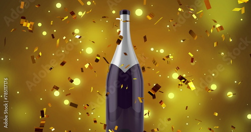 Image of confetti falling over bottle of champagne on yellow background