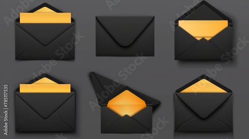 A set of black envelopes template. Each envelope is blank inside and outside, which is a craft paper covered envelope. Mock up of a folder for business documents and messages, in a realistic 3D photo