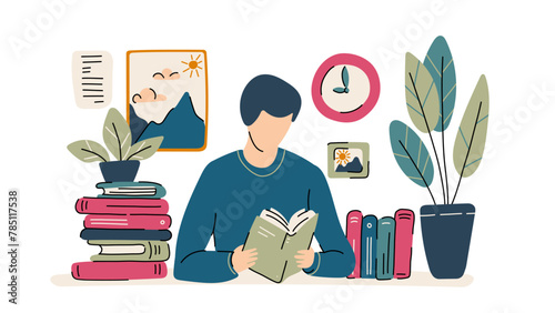 Man sitting at table reading book. Smart male reader enjoying literature or studying and preparing for exam with stack of textbooks. Flat design vector illustration