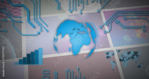 Image of blue globe, circuits and charts over colourful clips playing on composite screens