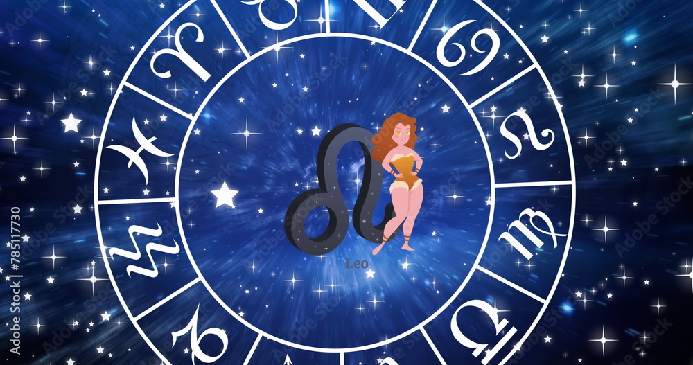 Fototapeta premium Image of horoscope symbols over stars on blue background