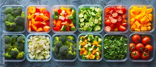 An assortment of colorful vegetables and fruits in plastic containers © DJSPIDA FOTO