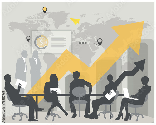 Presentation, vision, strategy. Discussing business plan. Vector illustration