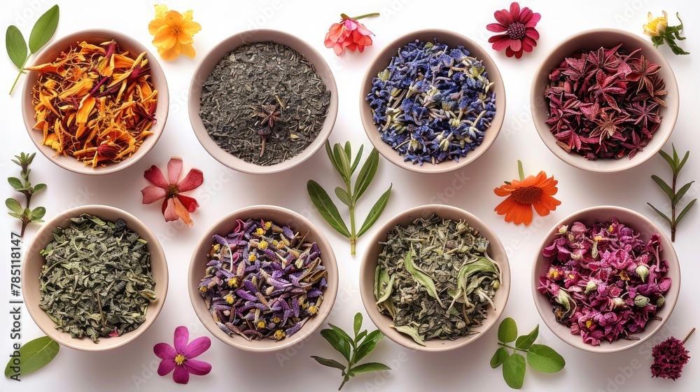 A set of dry herbal and floral tea. Green, black, composition teas isolated on white background., minimal background, detailed, natural light, sharp, top view. Generative AI.