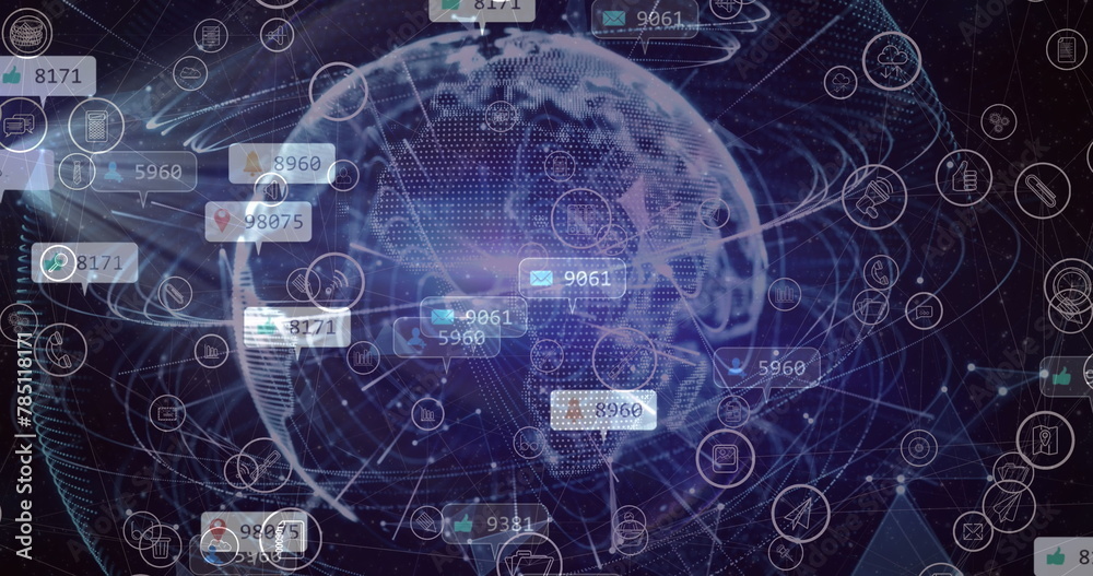 Image of globe with network of social media icons and numbers Image of globe with network of social media icons and numbers