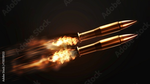 Three dimensional modern set of flying bullets with fire and smoke trails, military handgun shoot trails, shooting metal, ammo, and weapon metal shots isolated on black and transparent background.