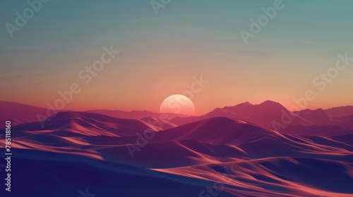 Digital illustration of desert landscape with mountains, sunset, and fluid shapes.