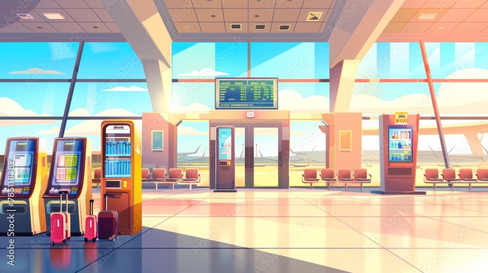 Waiting area with chairs, luggage, security scanner, schedule display. Departure area with vending machine, seats, and metal detector. Cartoon modern illustration. - obrazy, fototapety, plakaty 
