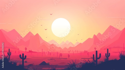 Stylized desert landscape at sunset with mountains and cacti.