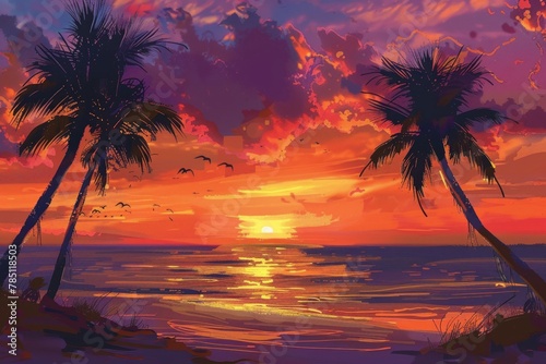 A painting of a sunset with palm trees and birds in the background © Irfanan