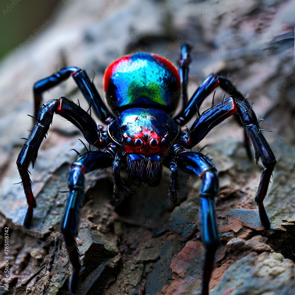 Fototapeta premium a red, green, black, blue spider in a tree branch