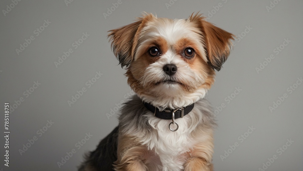A professionally taken close-up image of a cute small dog with a collar gazing into the camera
