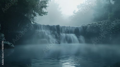 Misty morning shot of waterfall with fog in nature landscape