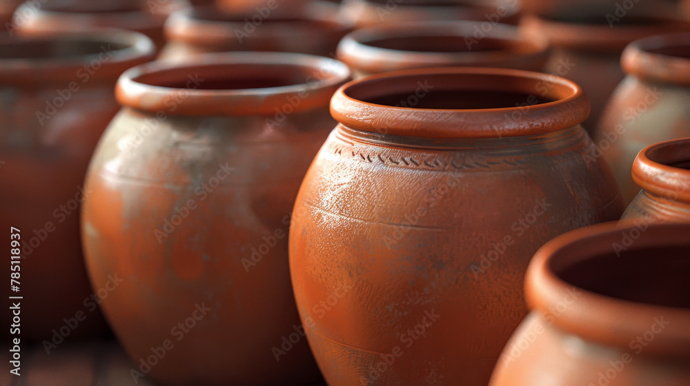 A close-up of numerous traditional terracotta clay pots. A close-up of numerous traditional terracotta clay pots.