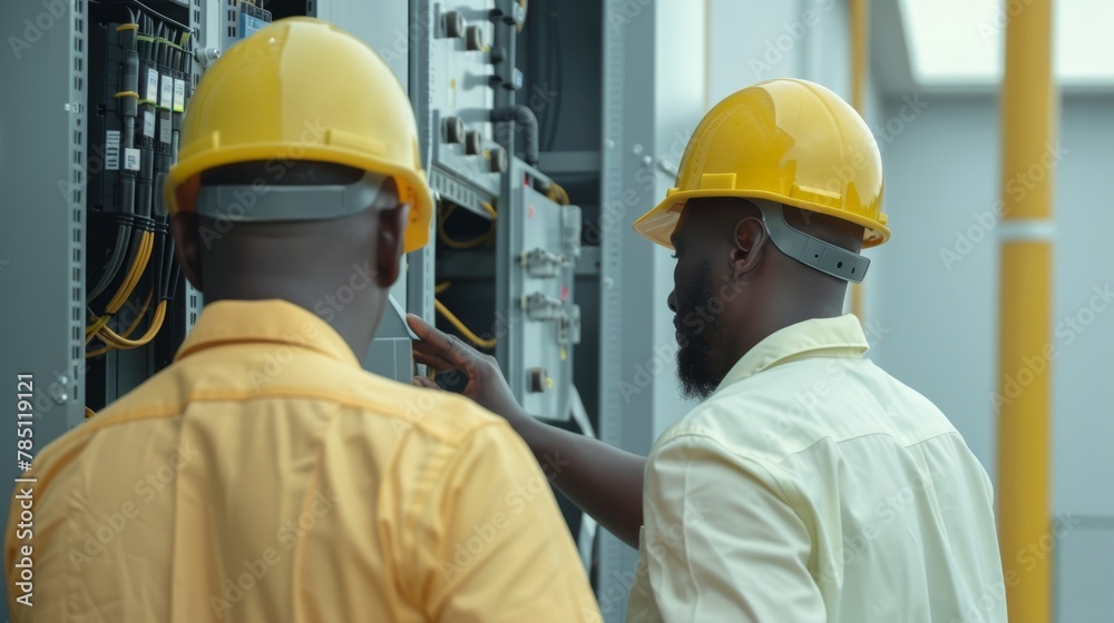 Engineers are working together to fix an electrical circuit problem. Engineers are working together to fix an electrical circuit problem.