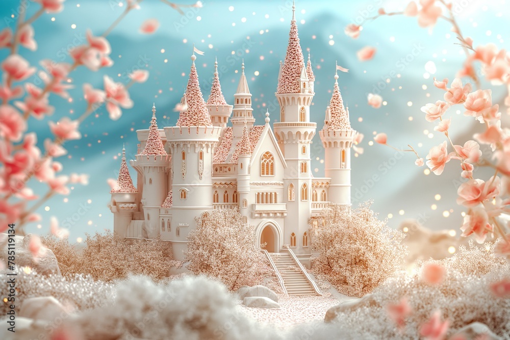Cherry blossoms frame a majestic fairytale castle