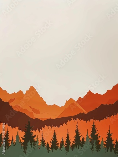 Minimalist cutout paper mountain range in orange and brown along bottom border with green pine tree shapes