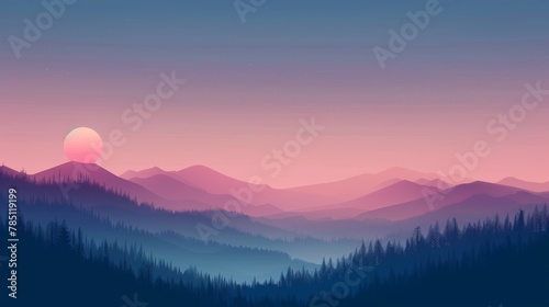 Layered mountain landscape with rising sun and pine forest silhouette