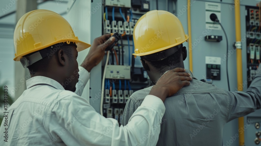Engineers are working together to fix an electrical circuit problem. Engineers are working together to fix an electrical circuit problem.