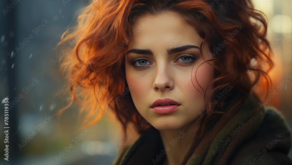 Sad beautiful woman with red hair.