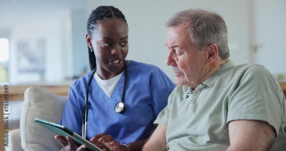 Nurse, senior man and couch with tablet for talking, report and advice with care, kindness or support for wellness. Caregiver, woman and elderly patient on lounge sofa, app or info in retirement home Nurse, senior man and couch with tablet for talking, report and advice with care, kindness or support for wellness. Caregiver, woman and elderly patient on lounge sofa, app or info in retirement home