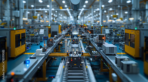 Industry 4.0 smart factory interior showcases IIoT machines, efficient workstations, and automated production lines, optimizing the manufacturing process for improved performance.