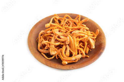 Fresh Cordyceps militaris mushrooms isolated on white. Side view, copy space.