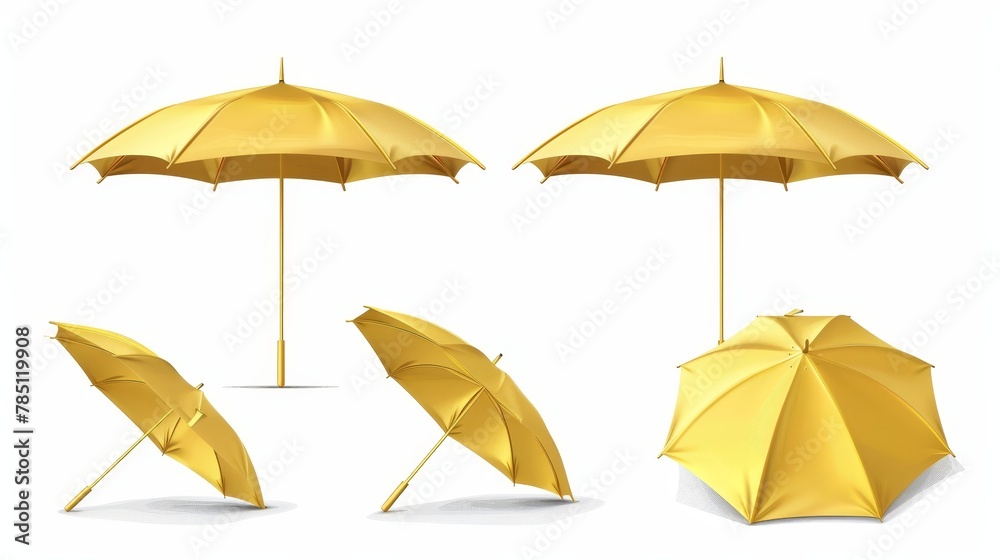 There are 3d moderns showing a gold umbrella with a golden parasol top, a front and side view with shadow, luxury accessories for preventing rain or solar beams, a shiny shield made of yellow, a side - obrazy, fototapety, plakaty 