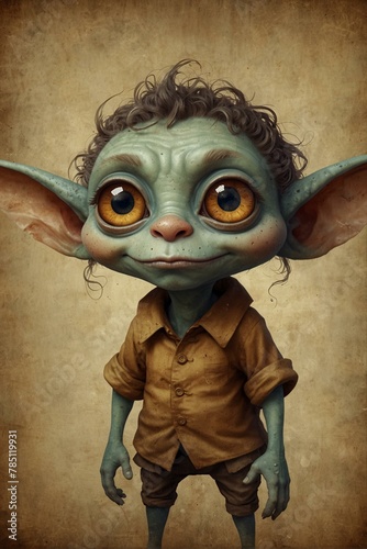 Artistic representation of a young boy with blue hands and oversized ears blending human and fantasy motifs