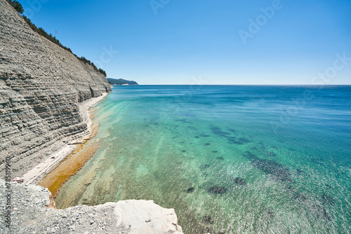 White rocks and clear blue water. Empty beach in Gelendzhik, Russia