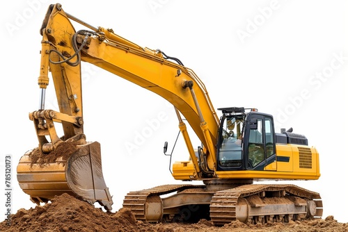 Yellow excavator with hydraulic arm raised  digging through soil  isolated on white background.
