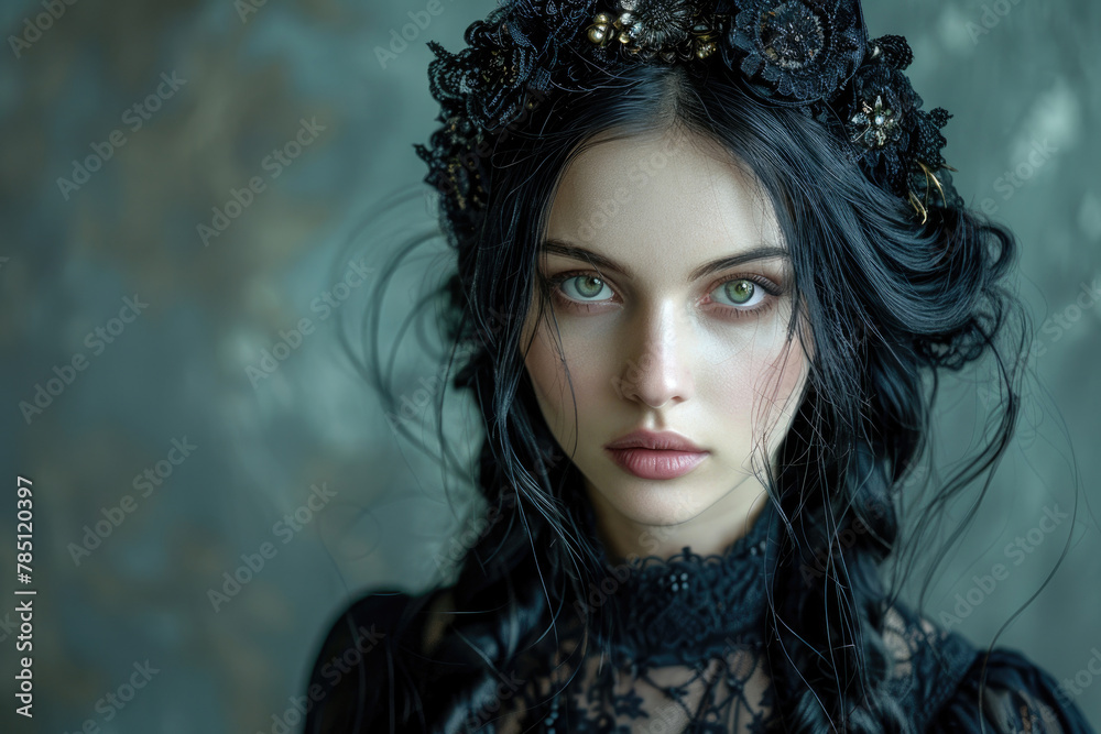 A portrait with gothic-inspired retouching, embodying a dark and glamorous persona