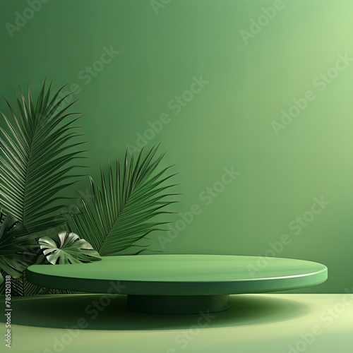 Green background with shadows of palm leaves on a green wall, an empty table top for product presentation. A mockup banner © Celina