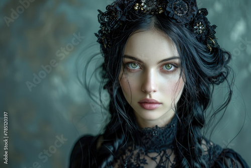 A portrait with gothic-inspired retouching, embodying a dark and glamorous persona