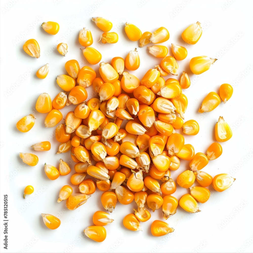 Corn kernels, bright yellow and fresh, scattered and isolated on a white background. Corn kernels, bright yellow and fresh, scattered and isolated on a white background.