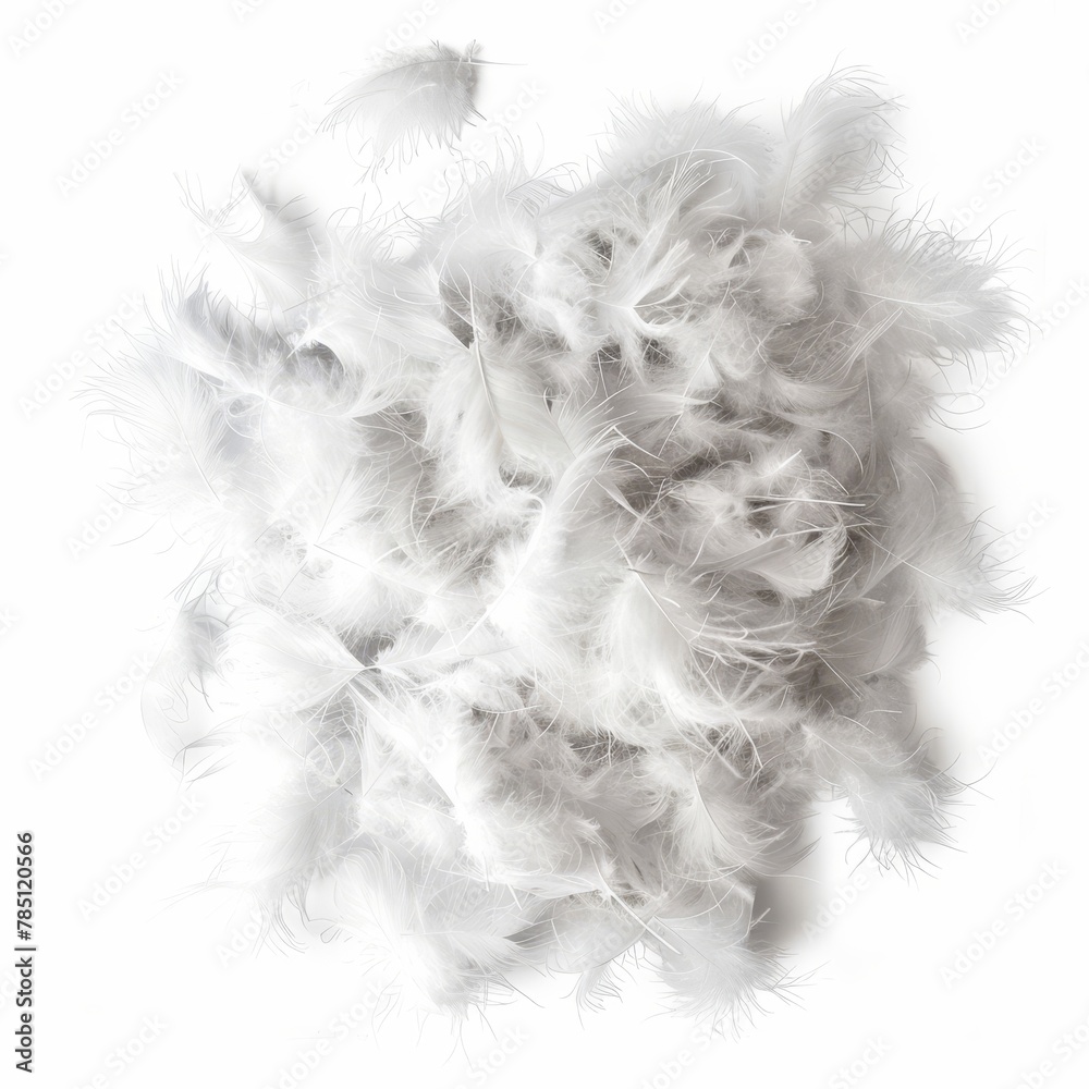 Feather down, light and fluffy, a soft pile isolated on a white background, ideal for bedding promotions. 