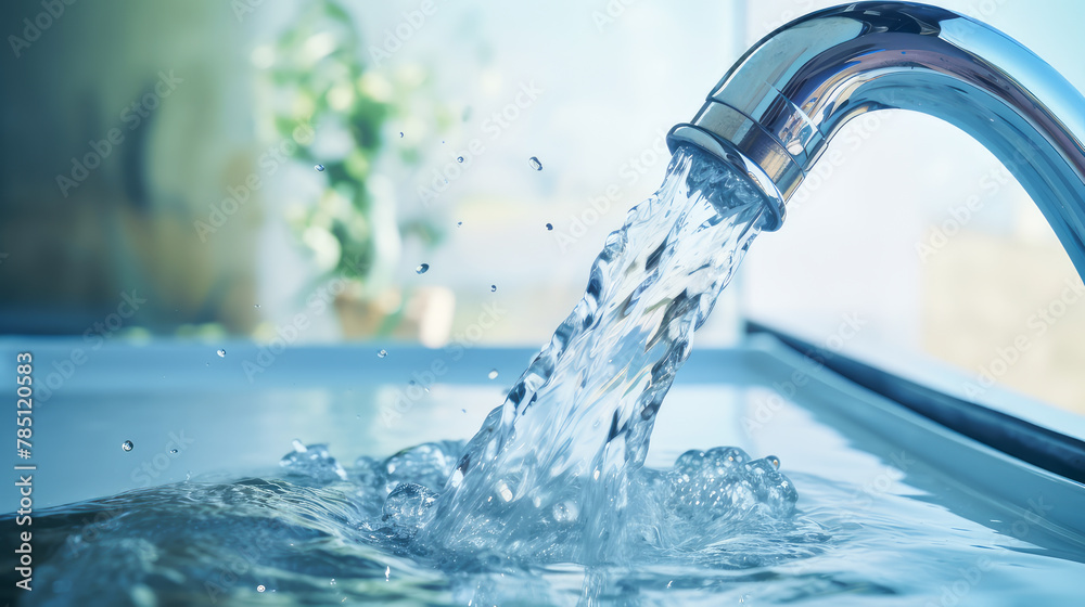 Water flows from the tap, careless attitude towards water, saving water. Water flows from the tap, careless attitude towards water, saving water.