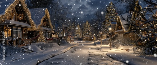 A cozy winter village scene with snowcovered wooden houses, twinkling lights on trees and street lamps, a winding path leading to the horizon under falling snowflakes